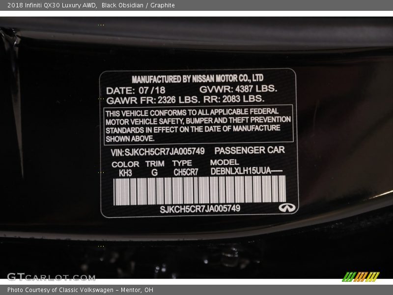 2018 QX30 Luxury AWD Black Obsidian Color Code KH3