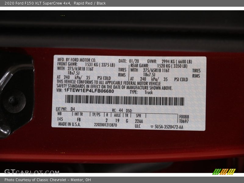 Rapid Red / Black 2020 Ford F150 XLT SuperCrew 4x4