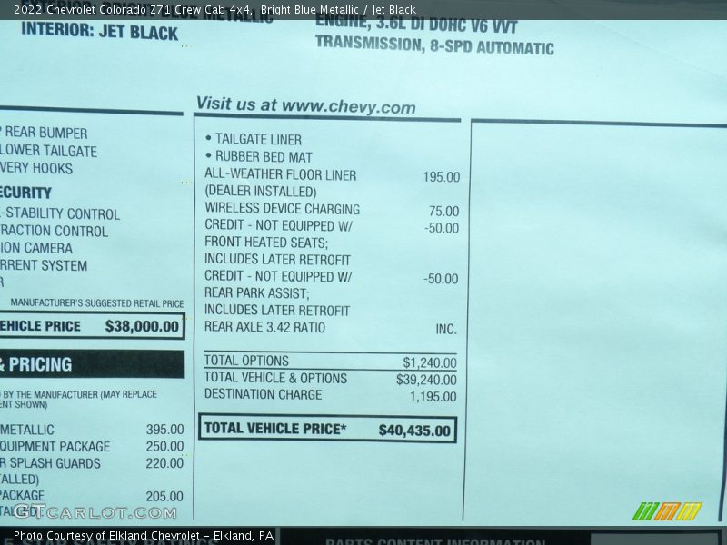  2022 Colorado Z71 Crew Cab 4x4 Window Sticker