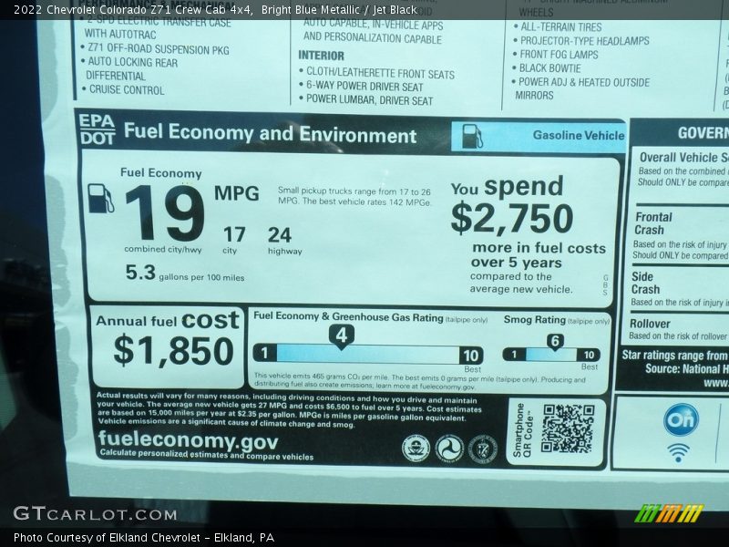 Info Tag of 2022 Colorado Z71 Crew Cab 4x4