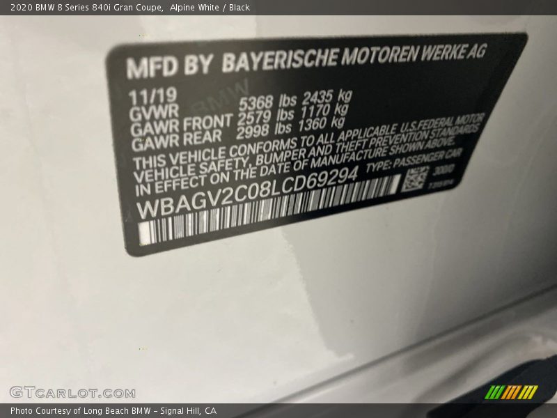 Alpine White / Black 2020 BMW 8 Series 840i Gran Coupe