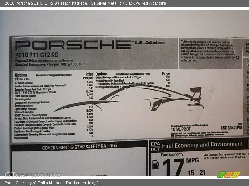  2018 911 GT2 RS Weissach Package Window Sticker