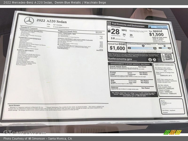  2022 A 220 Sedan Window Sticker