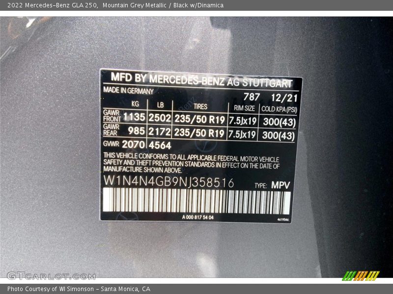 2022 GLA 250 Mountain Grey Metallic Color Code 787