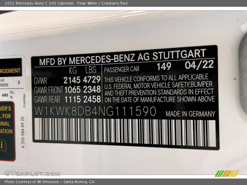 Polar White / Cranberry Red 2022 Mercedes-Benz C 300 Cabriolet
