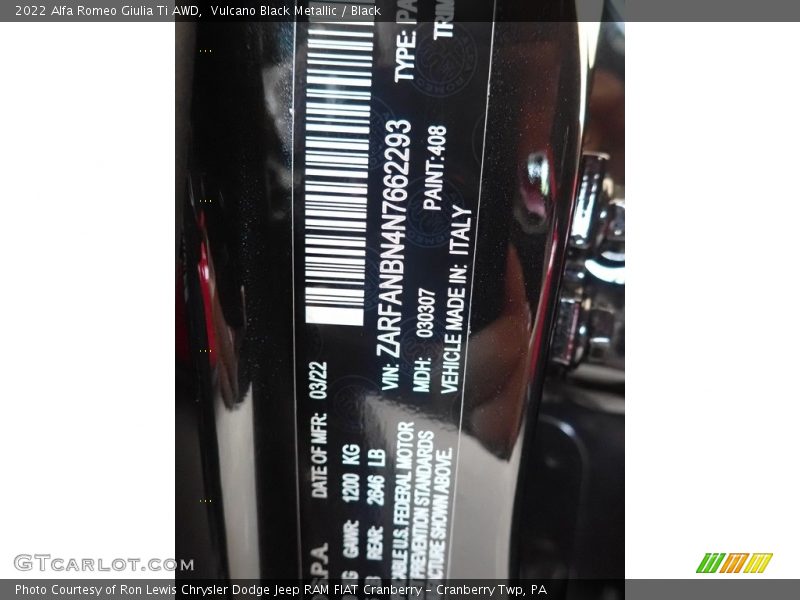 2022 Giulia Ti AWD Vulcano Black Metallic Color Code 408