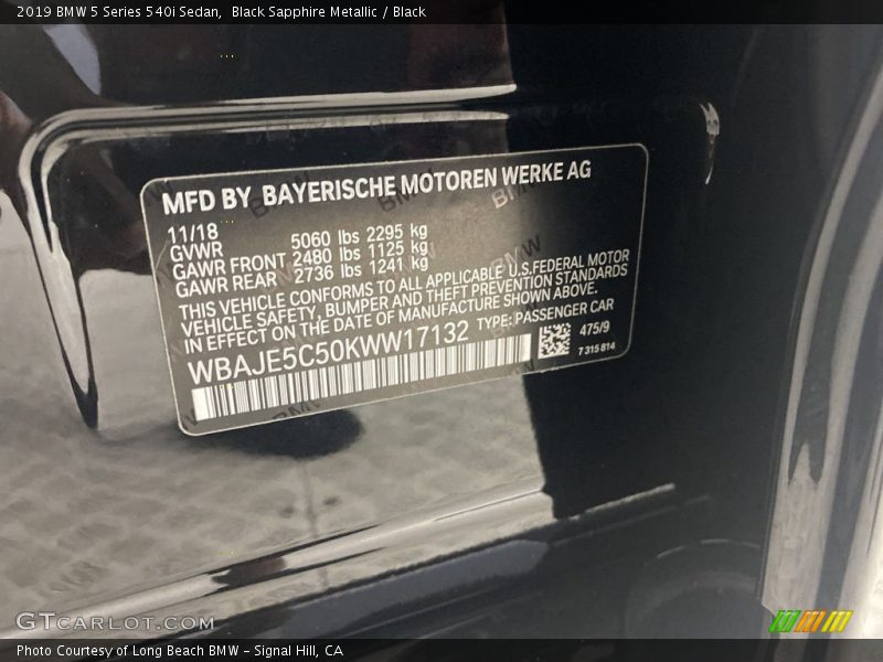 Black Sapphire Metallic / Black 2019 BMW 5 Series 540i Sedan