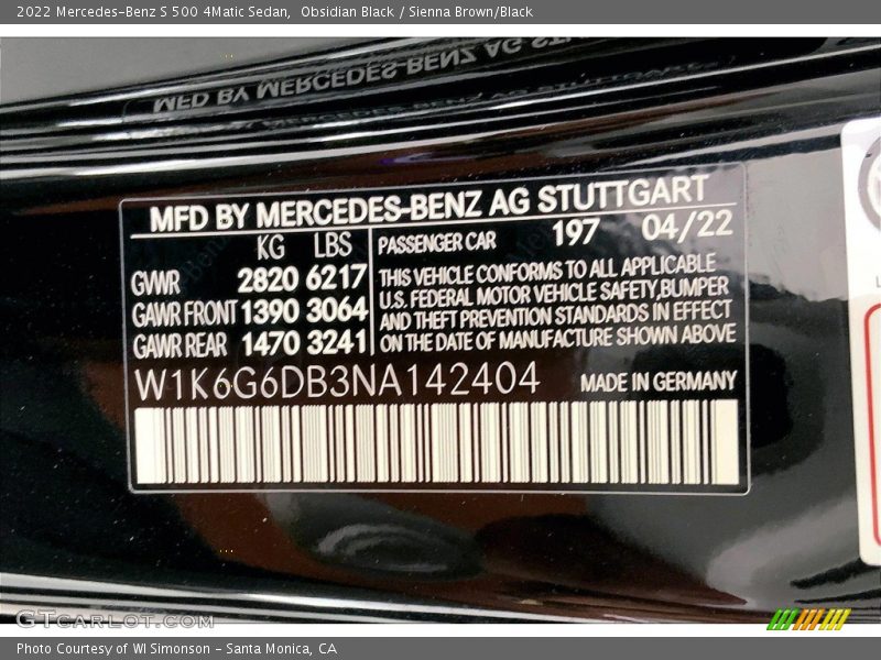2022 S 500 4Matic Sedan Obsidian Black Color Code 197