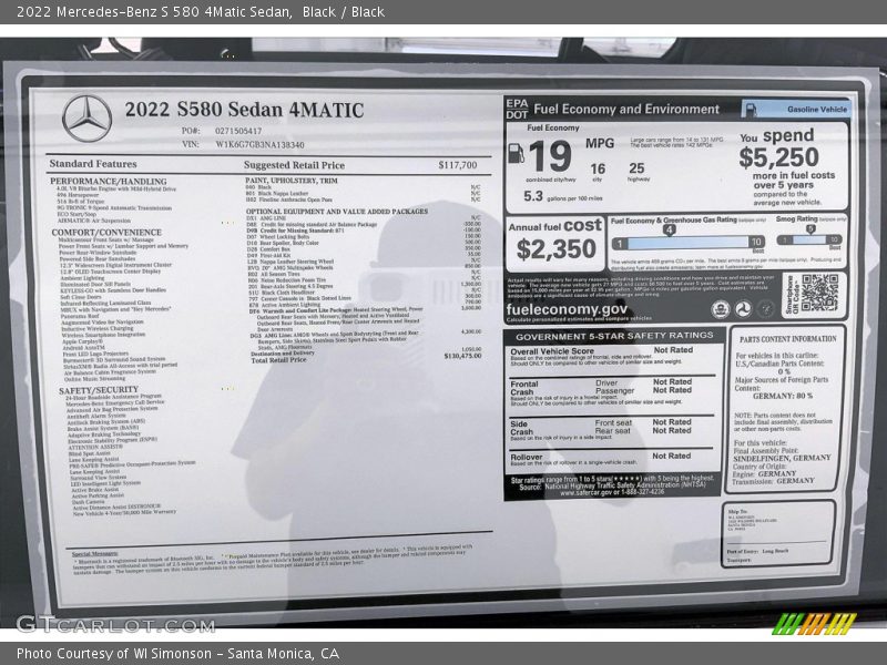  2022 S 580 4Matic Sedan Window Sticker