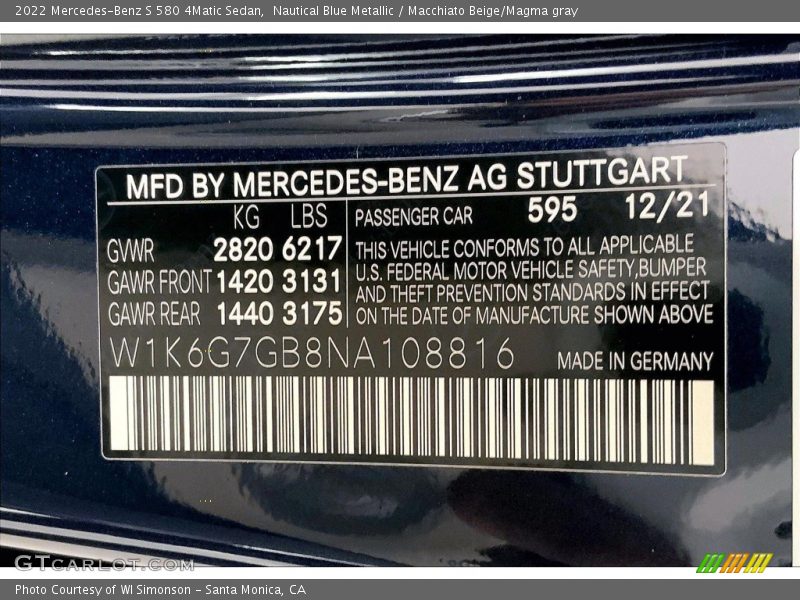 2022 S 580 4Matic Sedan Nautical Blue Metallic Color Code 595