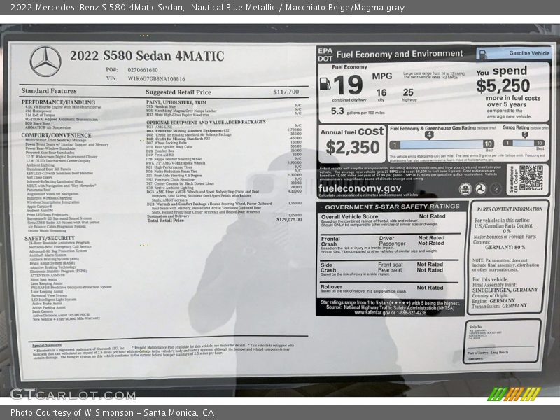  2022 S 580 4Matic Sedan Window Sticker