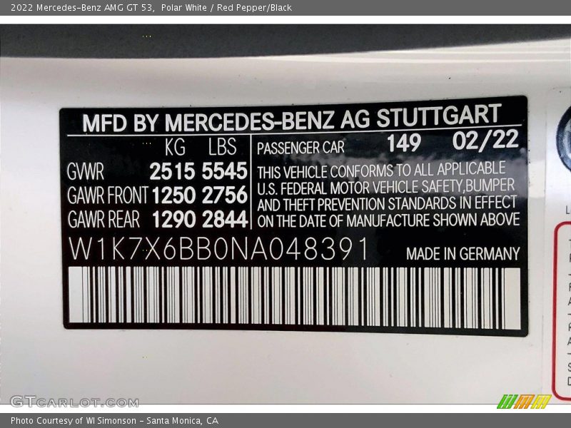 Polar White / Red Pepper/Black 2022 Mercedes-Benz AMG GT 53