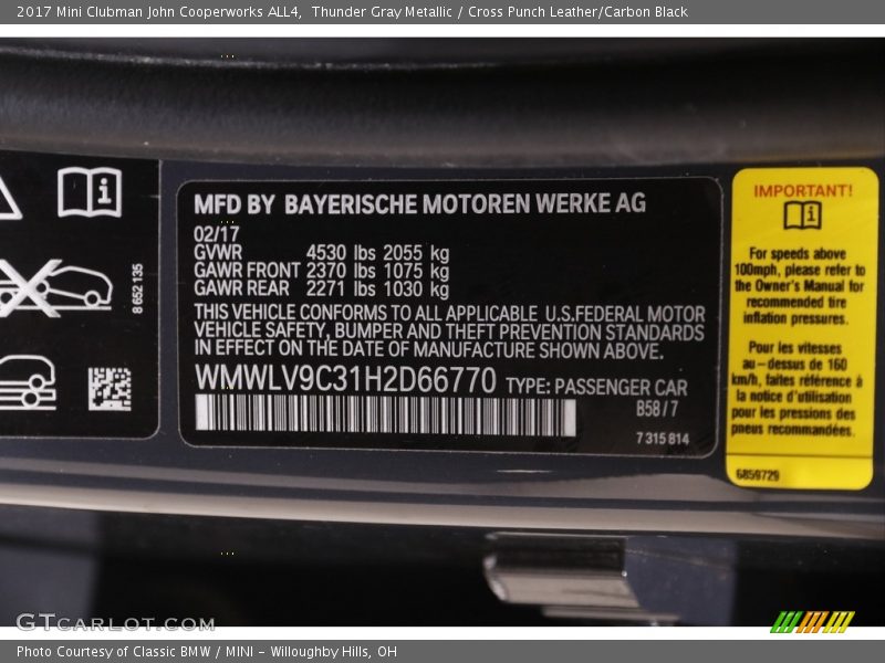 Thunder Gray Metallic / Cross Punch Leather/Carbon Black 2017 Mini Clubman John Cooperworks ALL4