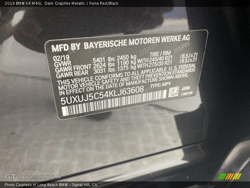 Dark Graphite Metallic / Fiona Red/Black 2019 BMW X4 M40i