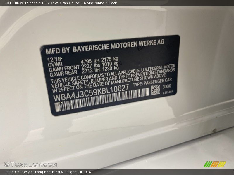 Alpine White / Black 2019 BMW 4 Series 430i xDrive Gran Coupe