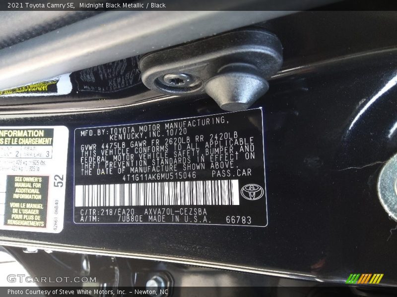2021 Camry SE Midnight Black Metallic Color Code 218