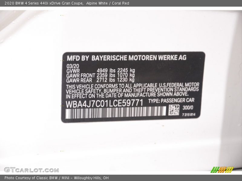 2020 4 Series 440i xDrive Gran Coupe Alpine White Color Code 300
