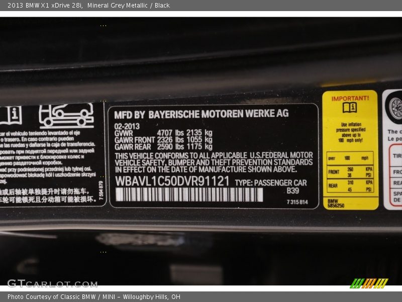 Mineral Grey Metallic / Black 2013 BMW X1 xDrive 28i