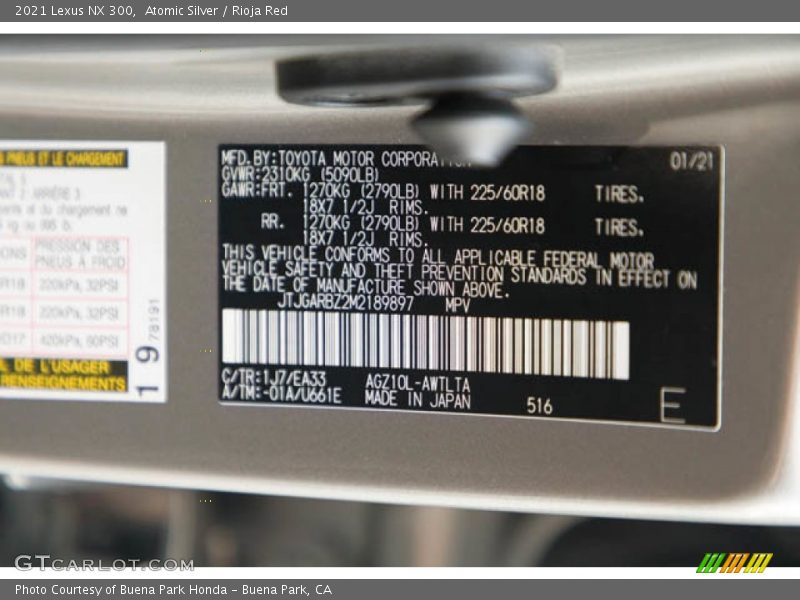 2021 NX 300 Atomic Silver Color Code 1J7