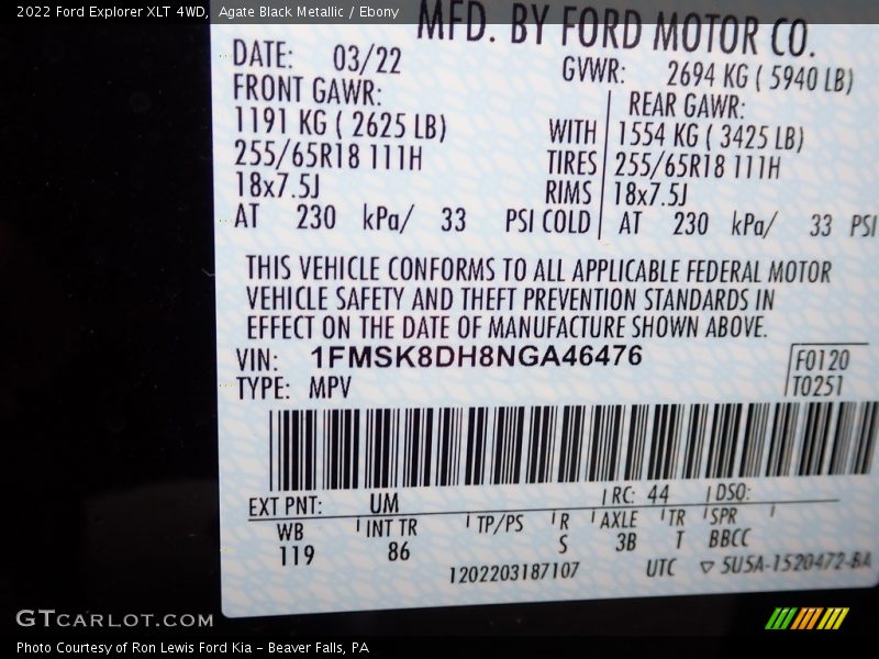 Agate Black Metallic / Ebony 2022 Ford Explorer XLT 4WD