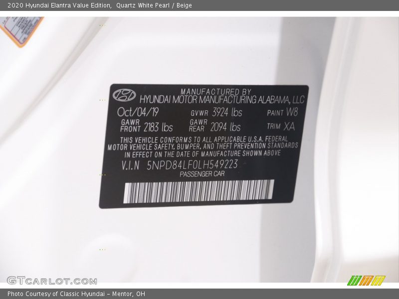 Quartz White Pearl / Beige 2020 Hyundai Elantra Value Edition