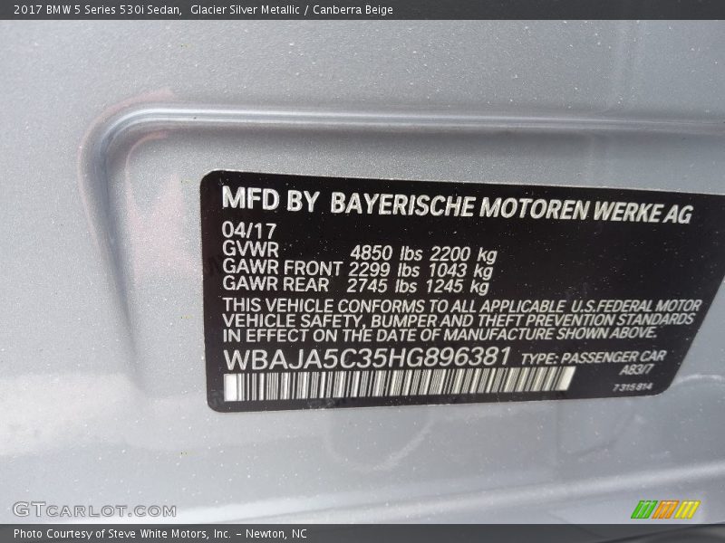 Glacier Silver Metallic / Canberra Beige 2017 BMW 5 Series 530i Sedan