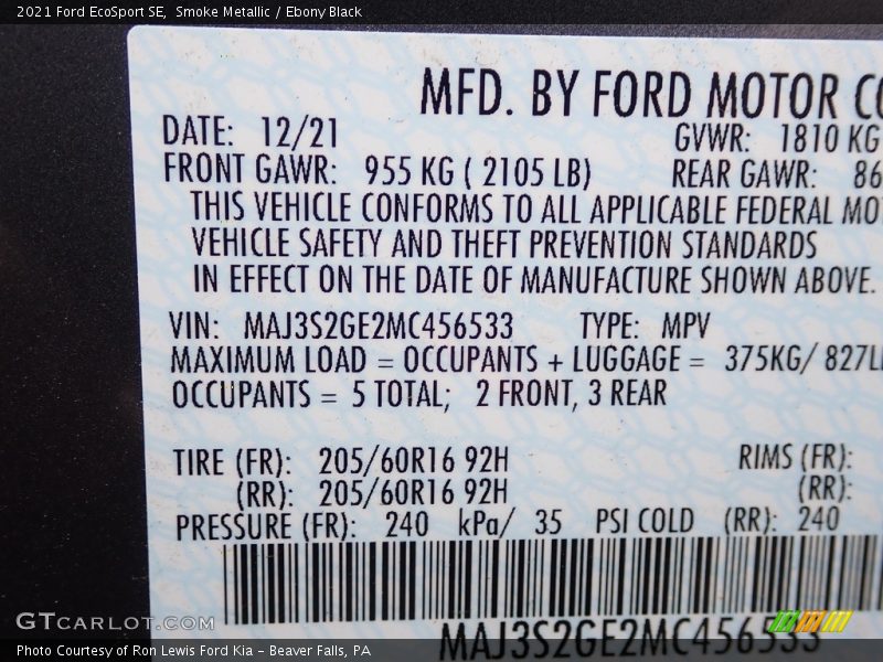 Smoke Metallic / Ebony Black 2021 Ford EcoSport SE