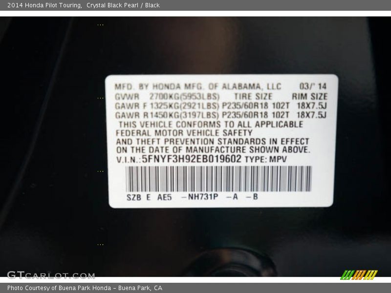 Crystal Black Pearl / Black 2014 Honda Pilot Touring