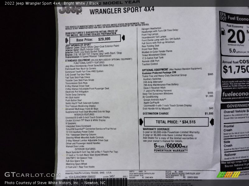 Bright White / Black 2022 Jeep Wrangler Sport 4x4