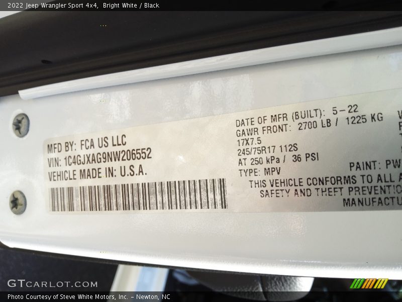 Bright White / Black 2022 Jeep Wrangler Sport 4x4