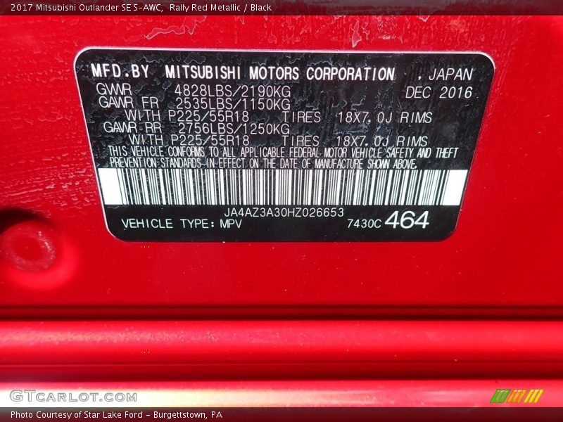 Rally Red Metallic / Black 2017 Mitsubishi Outlander SE S-AWC