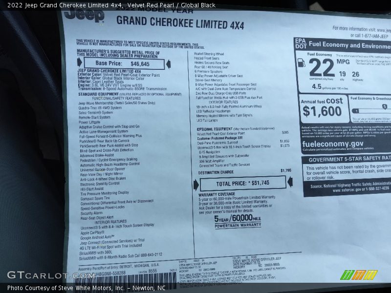  2022 Grand Cherokee Limited 4x4 Window Sticker