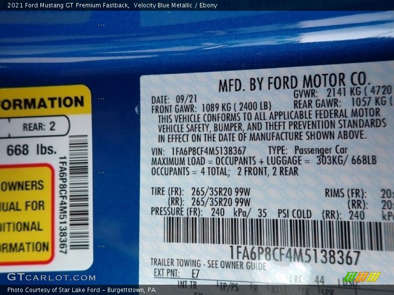 2021 Mustang GT Premium Fastback Velocity Blue Metallic Color Code E7