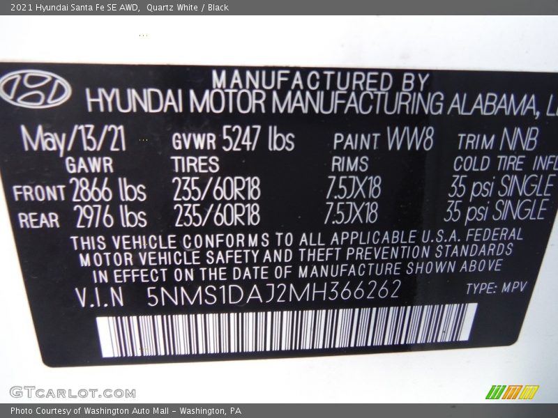 Quartz White / Black 2021 Hyundai Santa Fe SE AWD