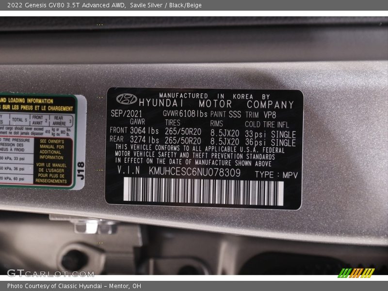 2022 GV80 3.5T Advanced AWD Savile Silver Color Code SSS