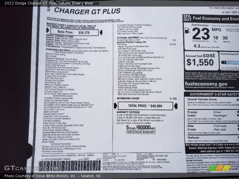 Smoke Show / Black 2022 Dodge Charger GT Plus