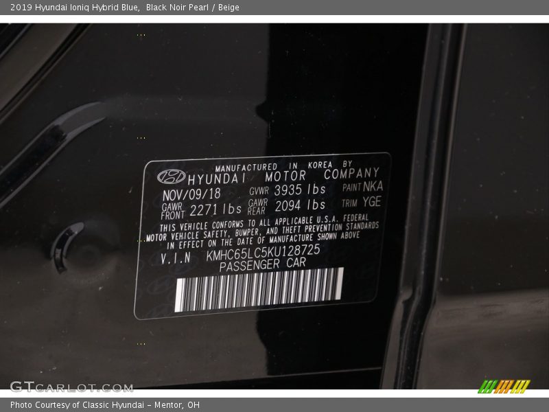 Black Noir Pearl / Beige 2019 Hyundai Ioniq Hybrid Blue