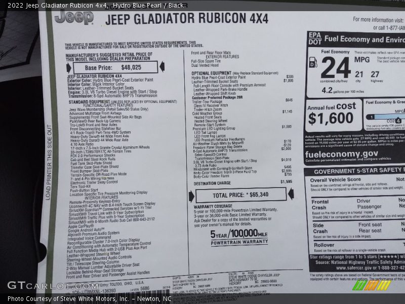  2022 Gladiator Rubicon 4x4 Window Sticker