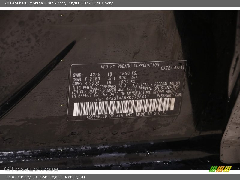 Crystal Black Silica / Ivory 2019 Subaru Impreza 2.0i 5-Door