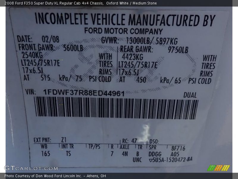 Oxford White / Medium Stone 2008 Ford F350 Super Duty XL Regular Cab 4x4 Chassis
