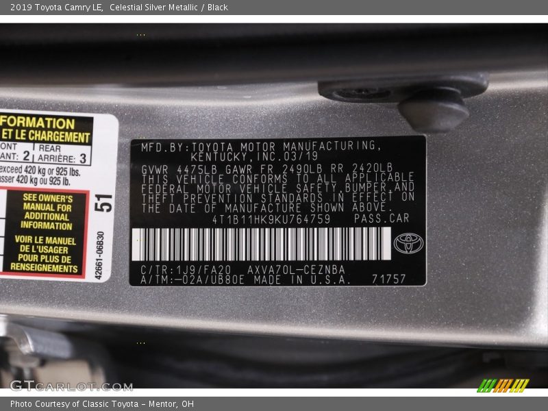 Celestial Silver Metallic / Black 2019 Toyota Camry LE
