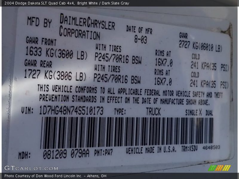 Bright White / Dark Slate Gray 2004 Dodge Dakota SLT Quad Cab 4x4