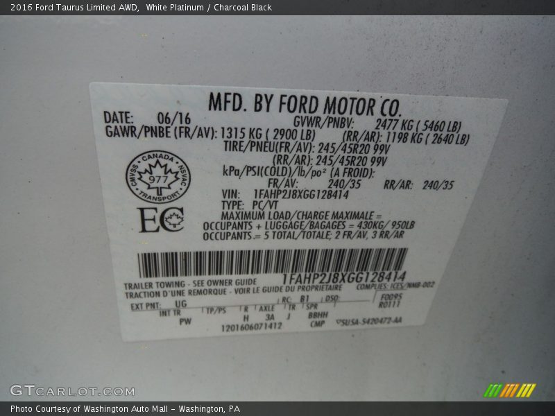 White Platinum / Charcoal Black 2016 Ford Taurus Limited AWD