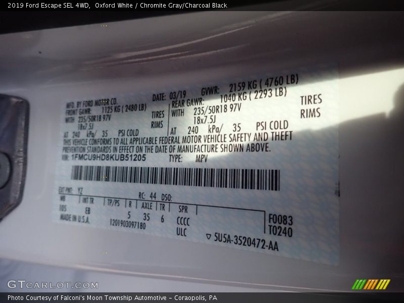 Oxford White / Chromite Gray/Charcoal Black 2019 Ford Escape SEL 4WD