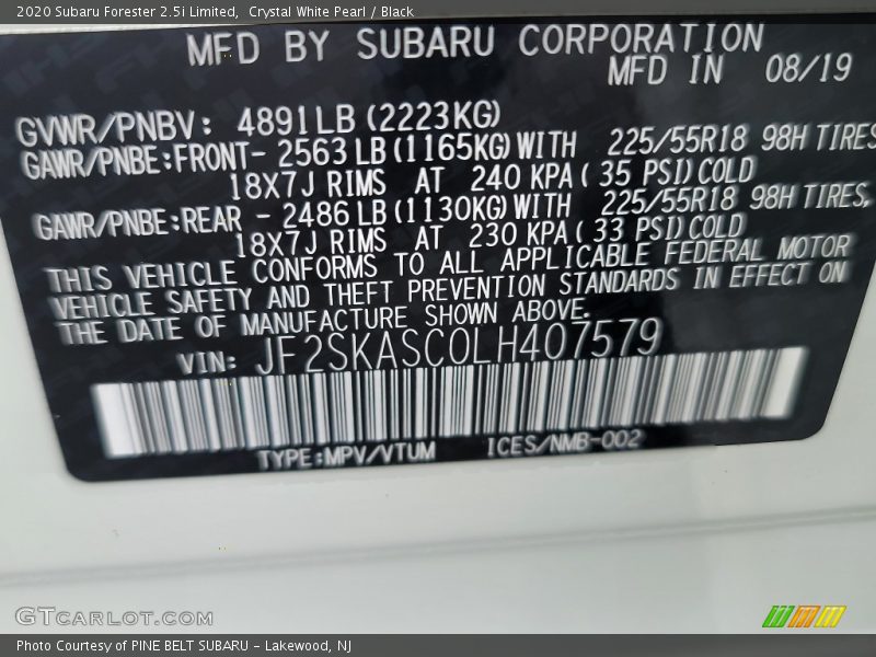 Crystal White Pearl / Black 2020 Subaru Forester 2.5i Limited