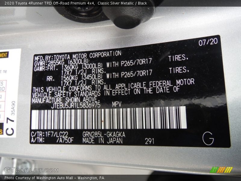 2020 4Runner TRD Off-Road Premium 4x4 Classic Silver Metallic Color Code 1F7