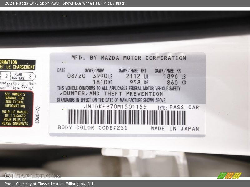 Snowflake White Pearl Mica / Black 2021 Mazda CX-3 Sport AWD