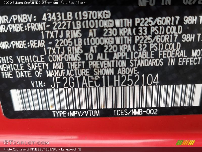 Pure Red / Black 2020 Subaru Crosstrek 2.0 Premium