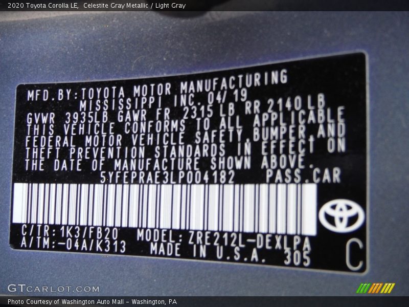 2020 Corolla LE Celestite Gray Metallic Color Code 1K3