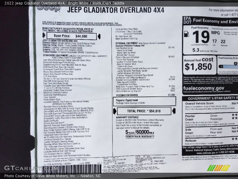 Bright White / Black/Dark Saddle 2022 Jeep Gladiator Overland 4x4